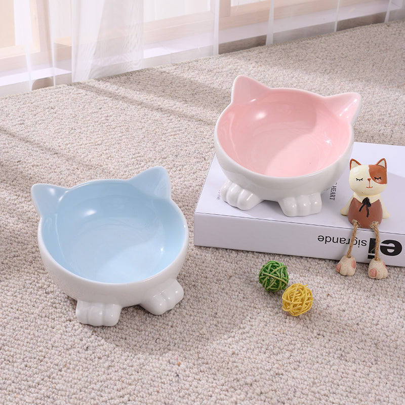 KFX-2956093 Ceramic Anti-Tip Slanted Cat Bowl in Pink, Blue, and Green Options
