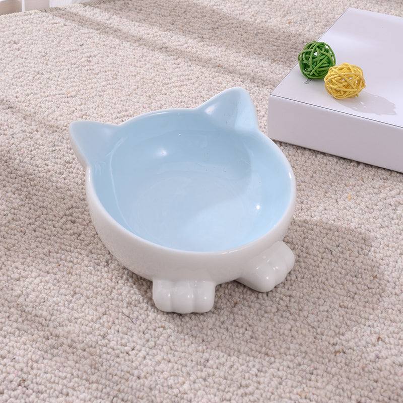 KFX-2956093 Ceramic Anti-Tip Slanted Cat Bowl in Pink, Blue, and Green Options