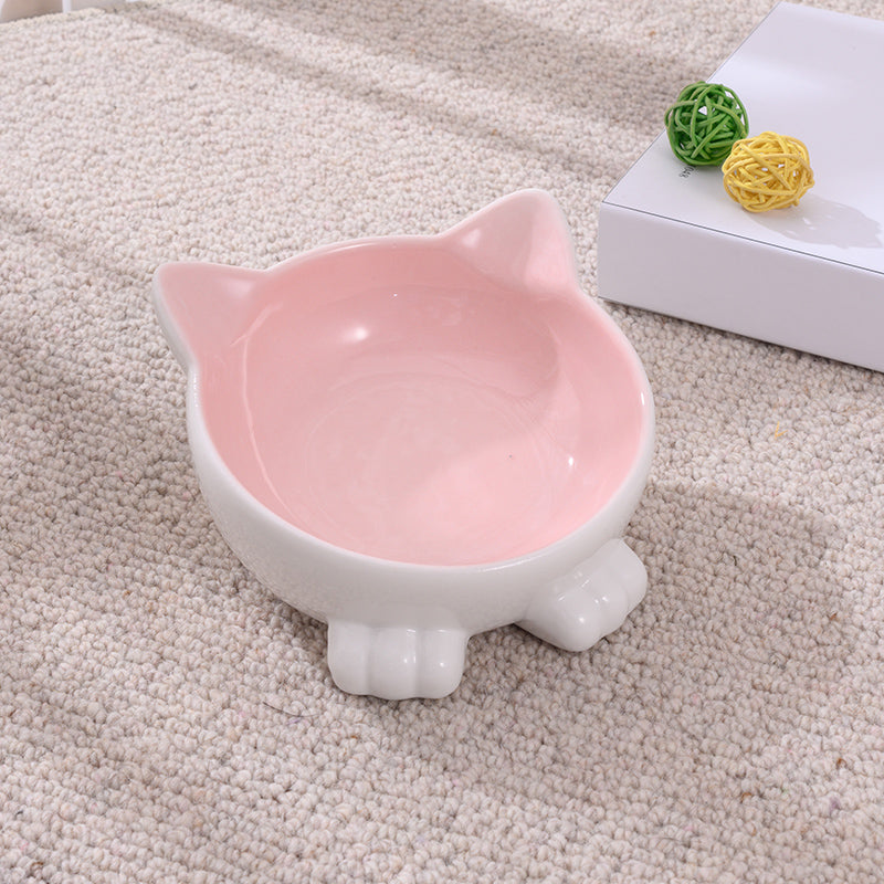 KFX-2956093 Ceramic Anti-Tip Slanted Cat Bowl in Pink, Blue, and Green Options
