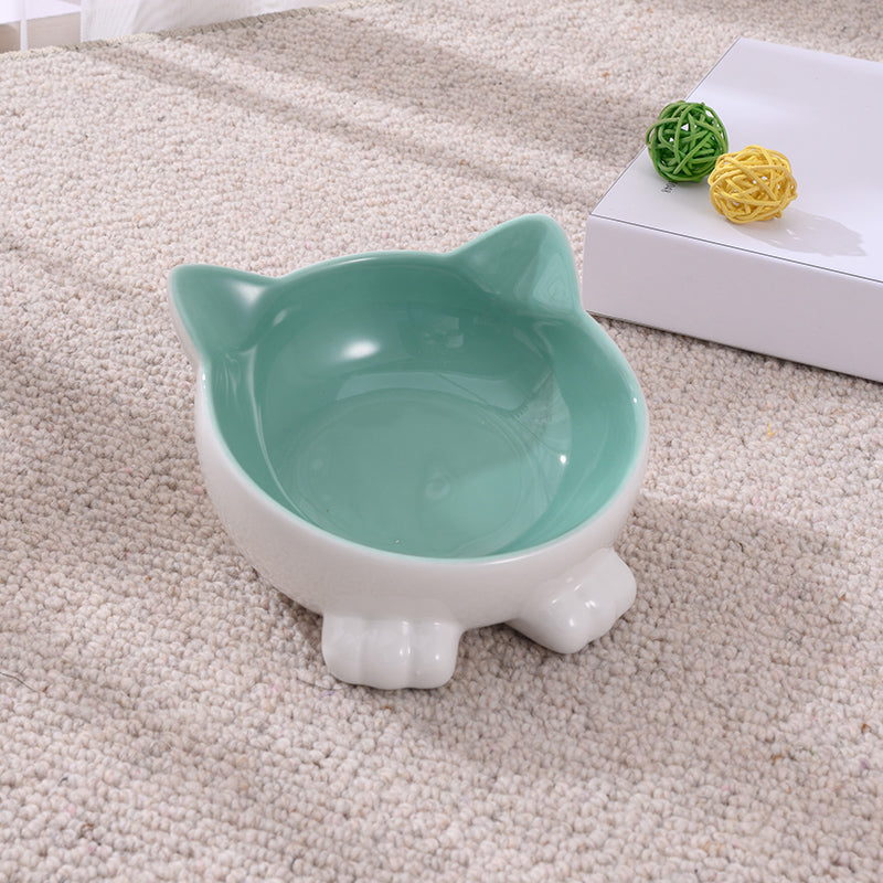 KFX-2956093 Ceramic Anti-Tip Slanted Cat Bowl in Pink, Blue, and Green Options
