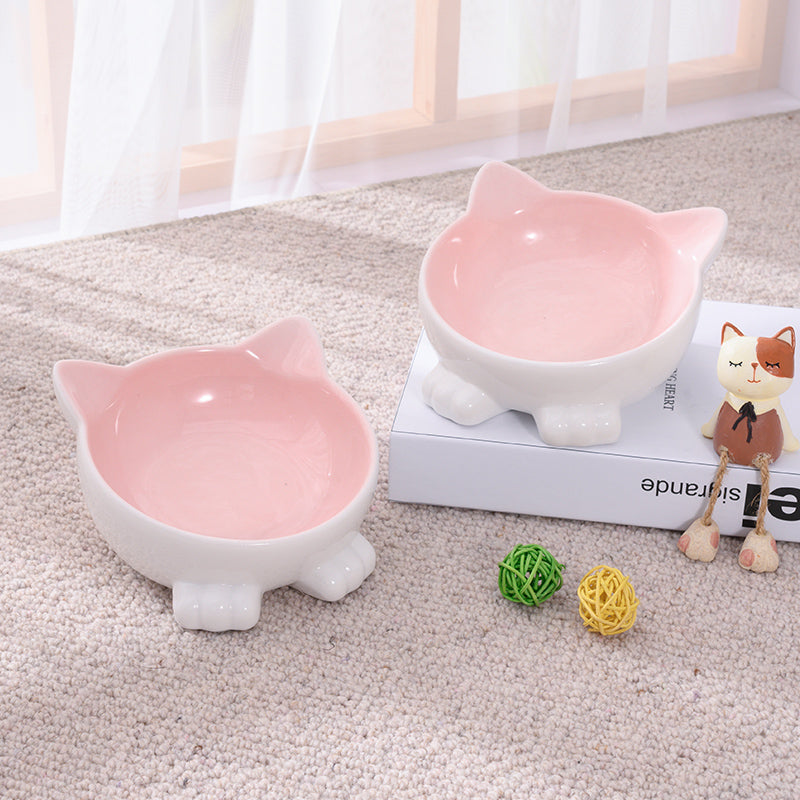 KFX-2956093 Ceramic Anti-Tip Slanted Cat Bowl in Pink, Blue, and Green Options