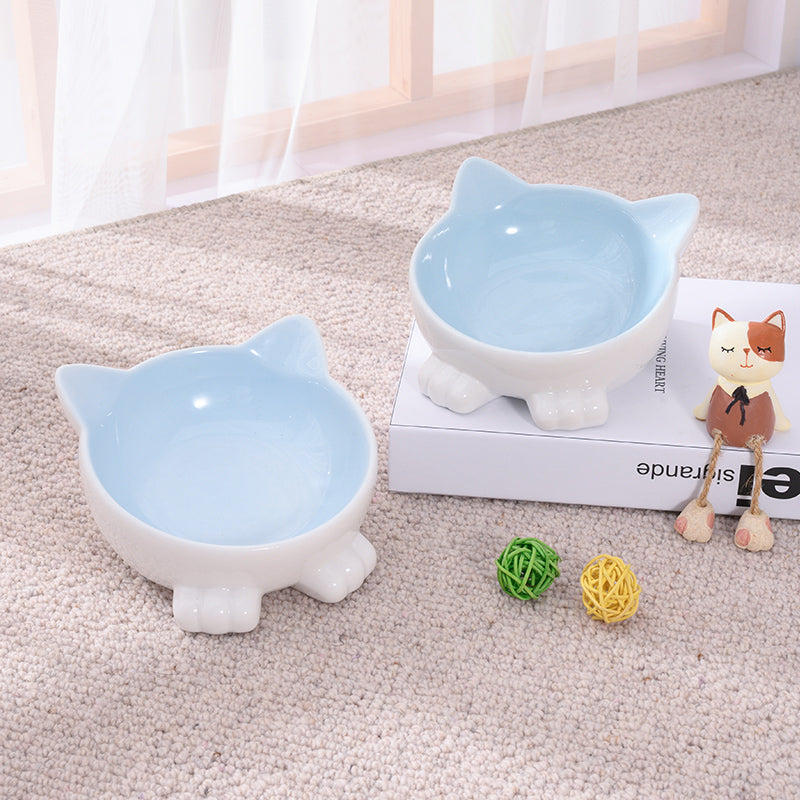 KFX-2956093 Ceramic Anti-Tip Slanted Cat Bowl in Pink, Blue, and Green Options