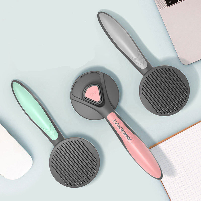 KFX-2961469 Pet Hair Combing Brush with Floating Design - Ergonomic Handle in Mint Green, Cherry Blossom, and Gentleman Grey