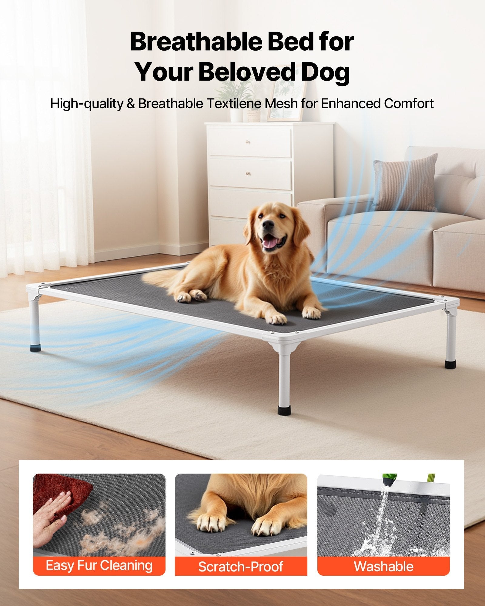 KFX-2964285 Elevated Dog Bed for Large Dogs - Portable Raised Dog Cot with Breathable Teslin Mesh and Aluminum Frame