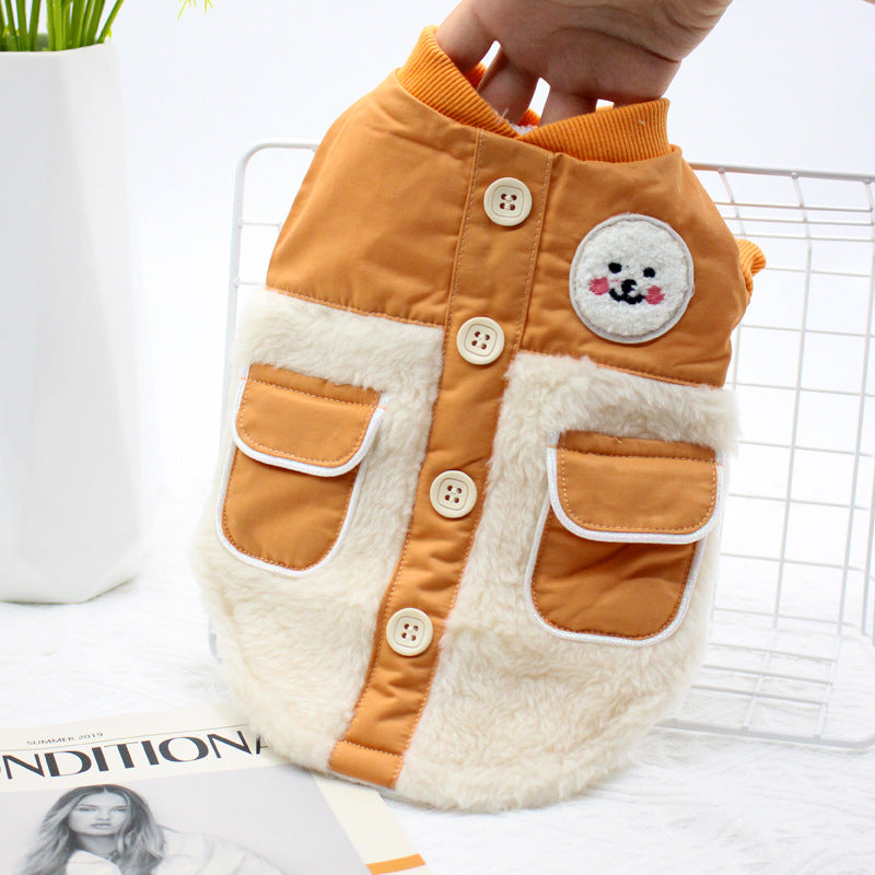 KFX-2965309 Warm Dog Jacket with Padded Double Pockets - British Style, Green and Orange, Sizes XS to XL