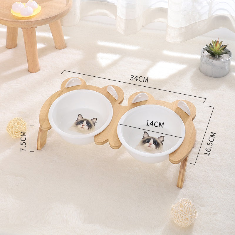 KFX-2965821 Cervical Spine Tilt Ceramic Cat Feeding Bowl with Bamboo Wood Stand - 14cm Diameter, 350ml Capacity