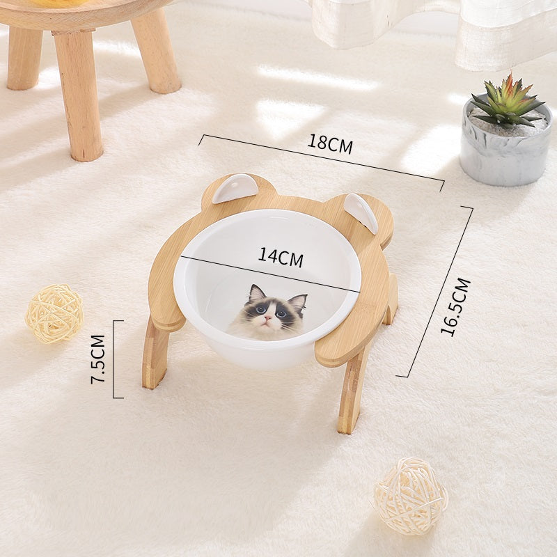 KFX-2965821 Cervical Spine Tilt Ceramic Cat Feeding Bowl with Bamboo Wood Stand - 14cm Diameter, 350ml Capacity