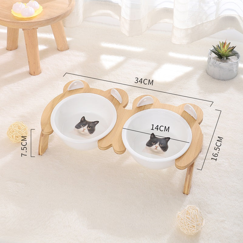 KFX-2965821 Cervical Spine Tilt Ceramic Cat Feeding Bowl with Bamboo Wood Stand - 14cm Diameter, 350ml Capacity