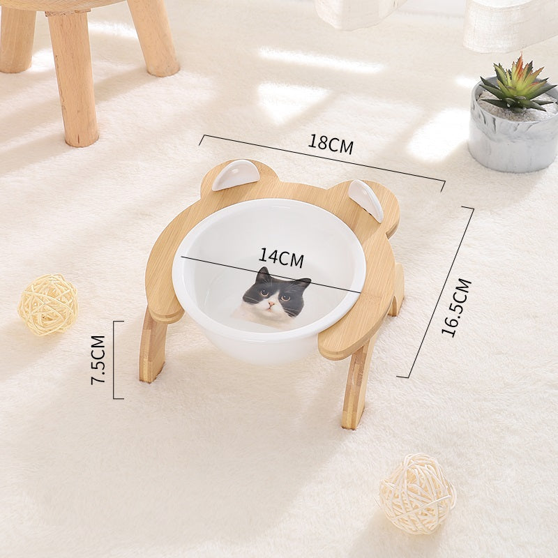 KFX-2965821 Cervical Spine Tilt Ceramic Cat Feeding Bowl with Bamboo Wood Stand - 14cm Diameter, 350ml Capacity