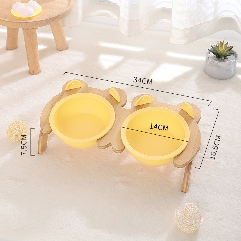 KFX-2965821 Cervical Spine Tilt Ceramic Cat Feeding Bowl with Bamboo Wood Stand - 14cm Diameter, 350ml Capacity