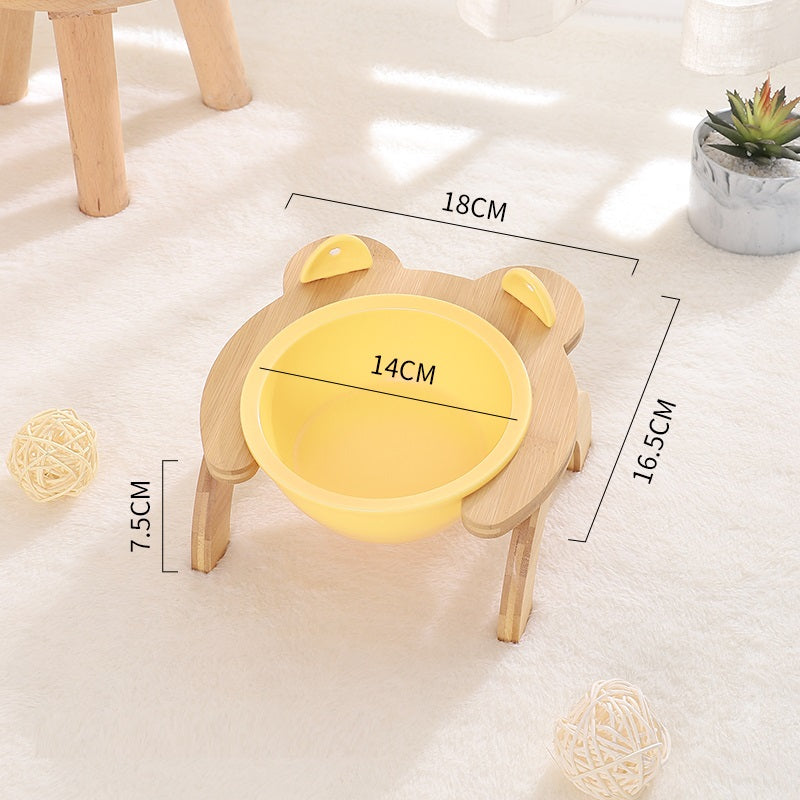 KFX-2965821 Cervical Spine Tilt Ceramic Cat Feeding Bowl with Bamboo Wood Stand - 14cm Diameter, 350ml Capacity