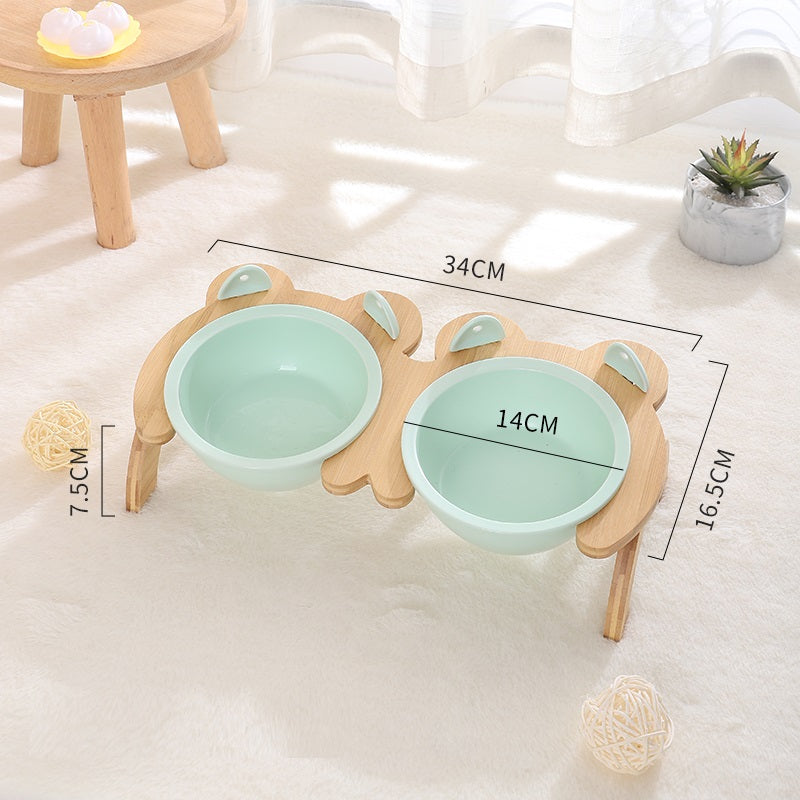 KFX-2965821 Cervical Spine Tilt Ceramic Cat Feeding Bowl with Bamboo Wood Stand - 14cm Diameter, 350ml Capacity