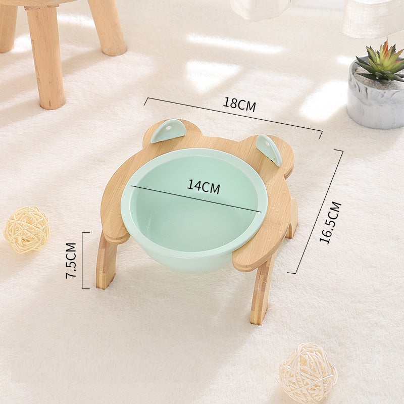 KFX-2965821 Cervical Spine Tilt Ceramic Cat Feeding Bowl with Bamboo Wood Stand - 14cm Diameter, 350ml Capacity