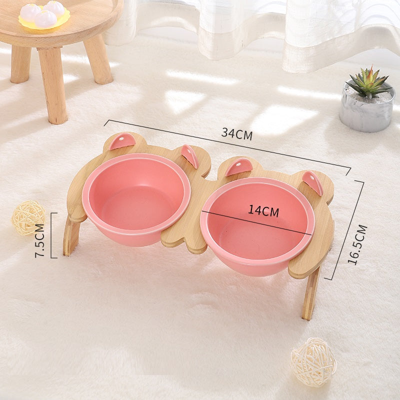 KFX-2965821 Cervical Spine Tilt Ceramic Cat Feeding Bowl with Bamboo Wood Stand - 14cm Diameter, 350ml Capacity