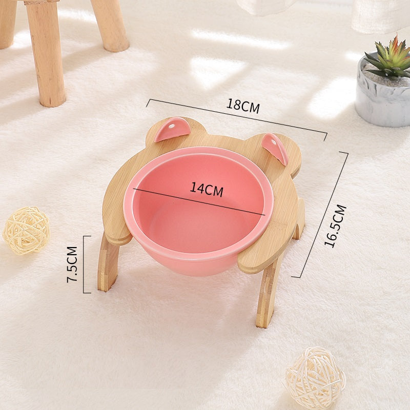 KFX-2965821 Cervical Spine Tilt Ceramic Cat Feeding Bowl with Bamboo Wood Stand - 14cm Diameter, 350ml Capacity