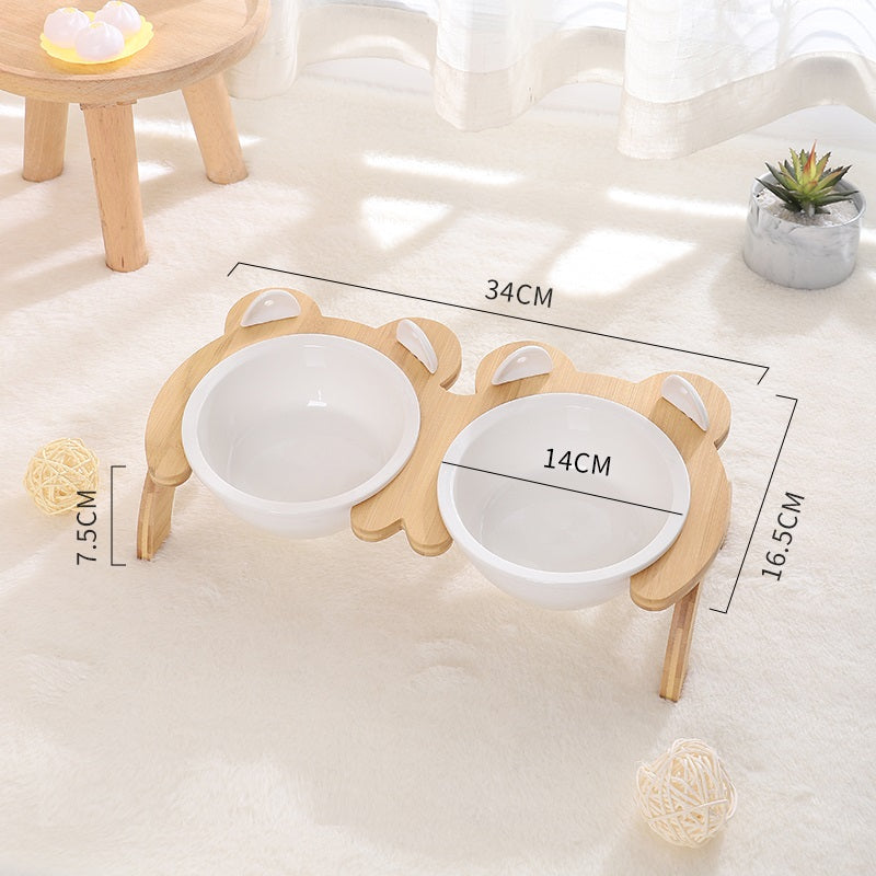 KFX-2965821 Cervical Spine Tilt Ceramic Cat Feeding Bowl with Bamboo Wood Stand - 14cm Diameter, 350ml Capacity