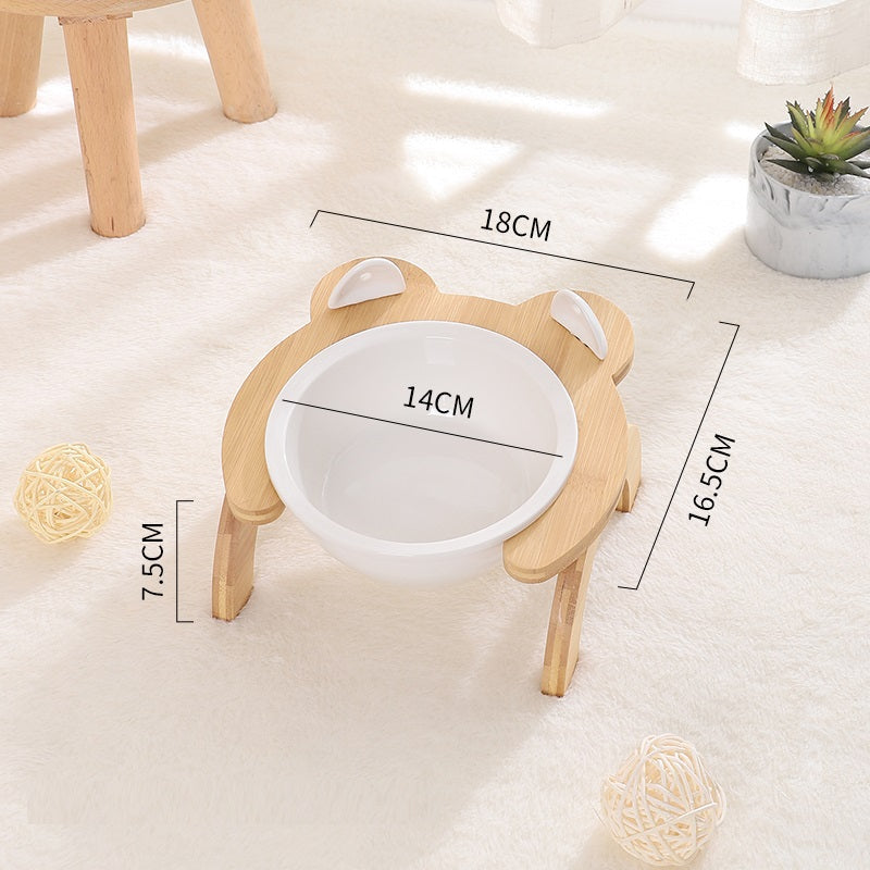 KFX-2965821 Cervical Spine Tilt Ceramic Cat Feeding Bowl with Bamboo Wood Stand - 14cm Diameter, 350ml Capacity