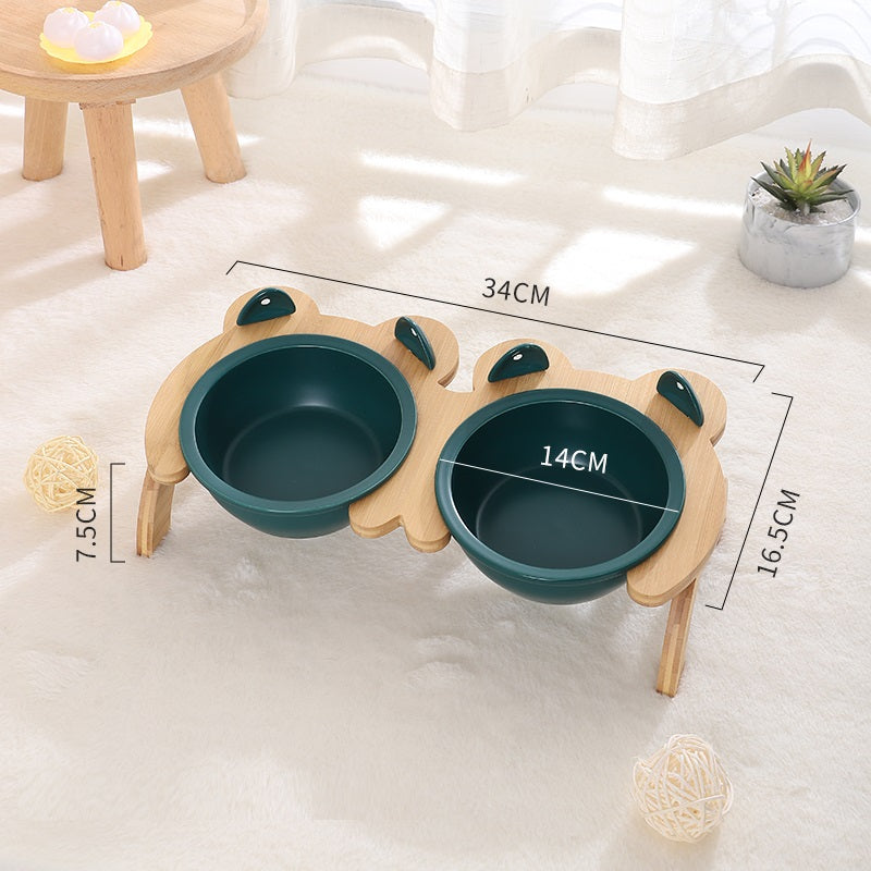 KFX-2965821 Cervical Spine Tilt Ceramic Cat Feeding Bowl with Bamboo Wood Stand - 14cm Diameter, 350ml Capacity