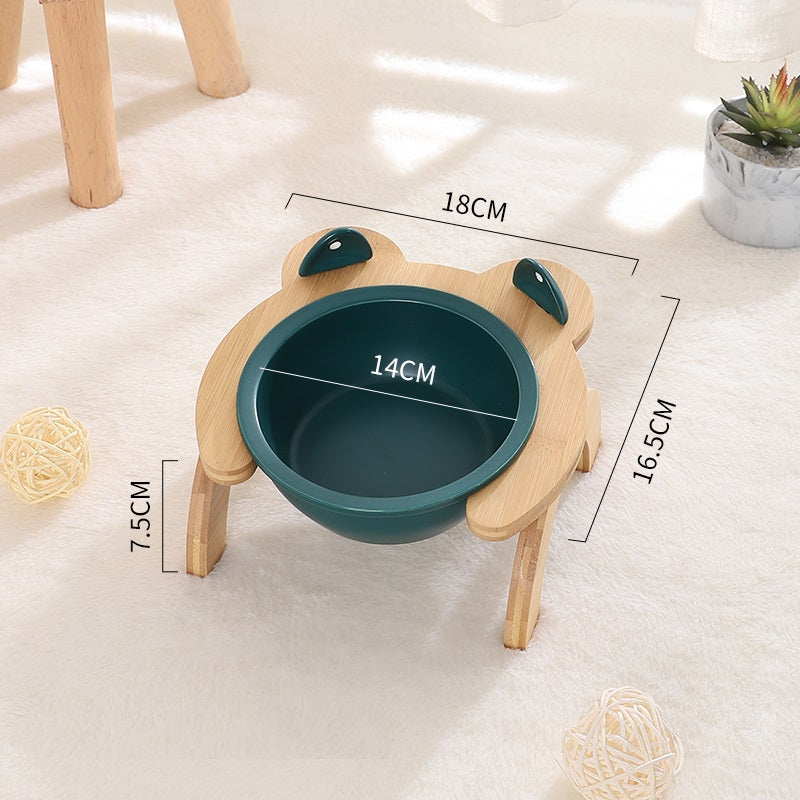 KFX-2965821 Cervical Spine Tilt Ceramic Cat Feeding Bowl with Bamboo Wood Stand - 14cm Diameter, 350ml Capacity