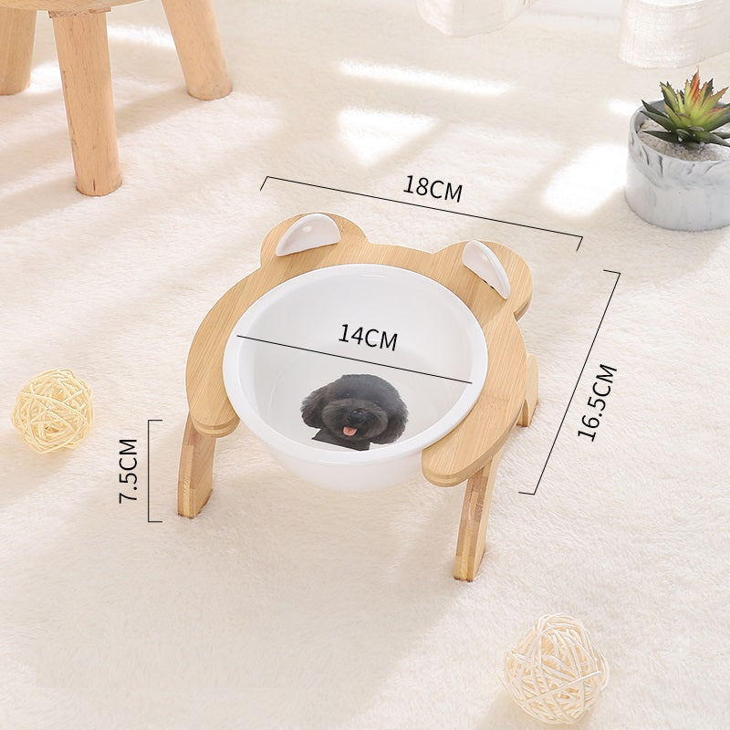 KFX-2965821 Cervical Spine Tilt Ceramic Cat Feeding Bowl with Bamboo Wood Stand - 14cm Diameter, 350ml Capacity