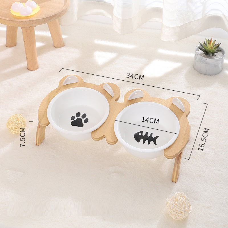 KFX-2965821 Cervical Spine Tilt Ceramic Cat Feeding Bowl with Bamboo Wood Stand - 14cm Diameter, 350ml Capacity