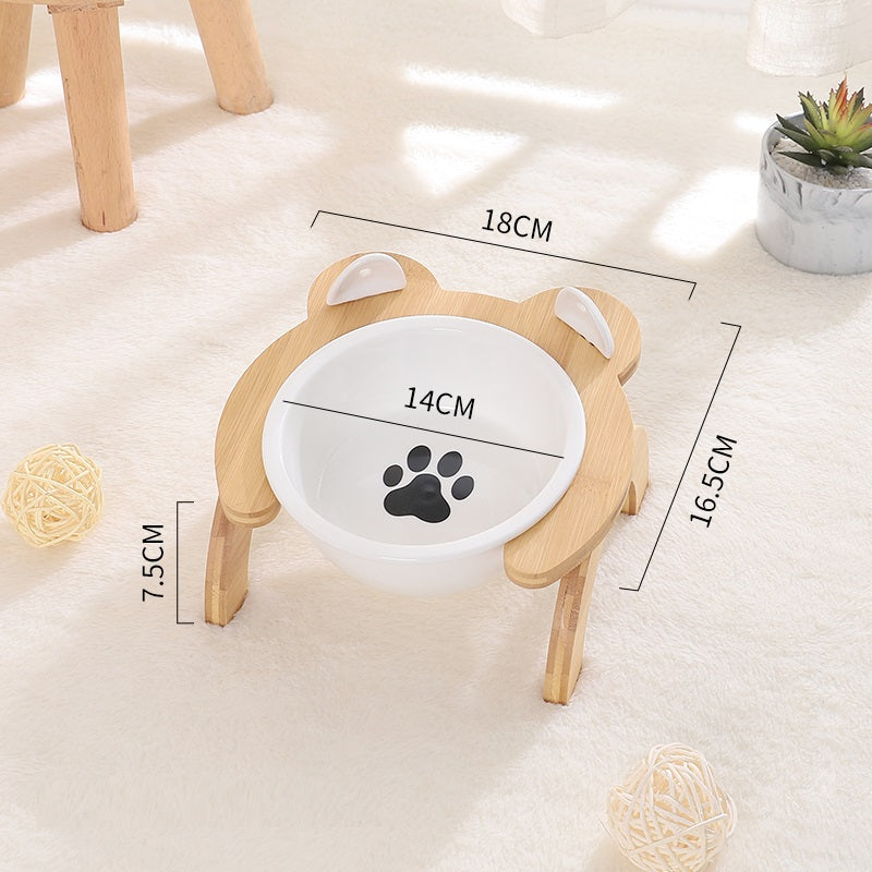 KFX-2965821 Cervical Spine Tilt Ceramic Cat Feeding Bowl with Bamboo Wood Stand - 14cm Diameter, 350ml Capacity