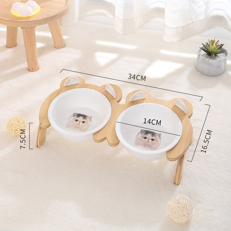 KFX-2965821 Cervical Spine Tilt Ceramic Cat Feeding Bowl with Bamboo Wood Stand - 14cm Diameter, 350ml Capacity