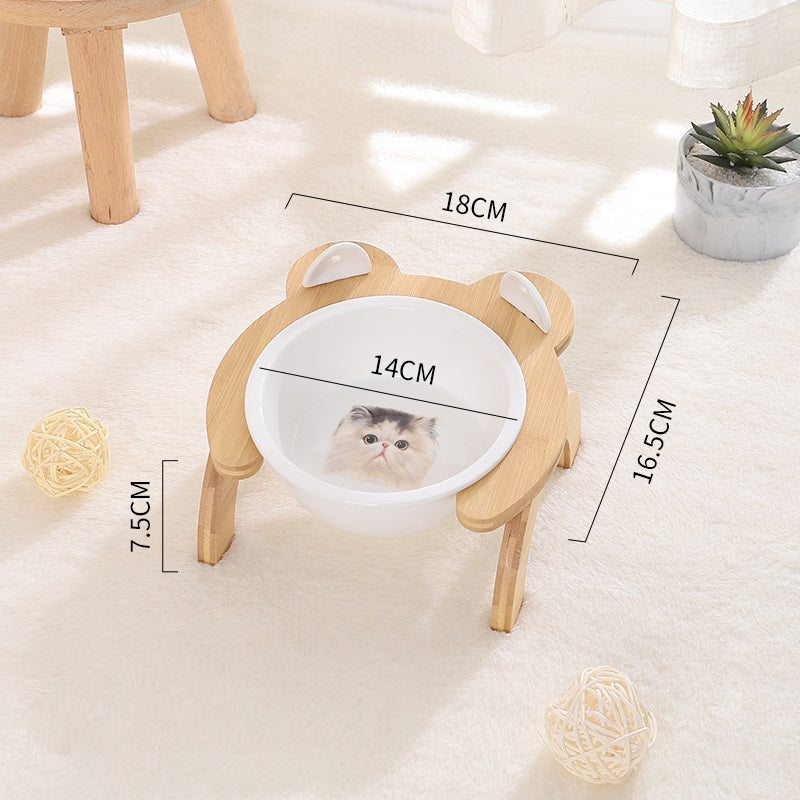 KFX-2965821 Cervical Spine Tilt Ceramic Cat Feeding Bowl with Bamboo Wood Stand - 14cm Diameter, 350ml Capacity