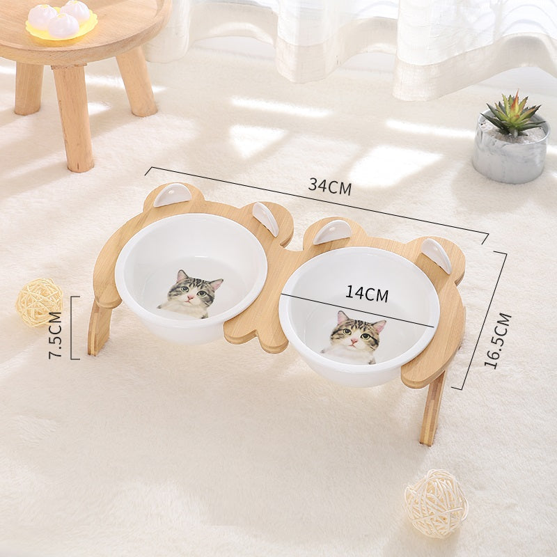 KFX-2965821 Cervical Spine Tilt Ceramic Cat Feeding Bowl with Bamboo Wood Stand - 14cm Diameter, 350ml Capacity