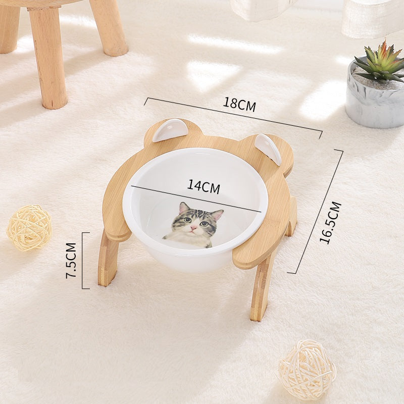 KFX-2965821 Cervical Spine Tilt Ceramic Cat Feeding Bowl with Bamboo Wood Stand - 14cm Diameter, 350ml Capacity