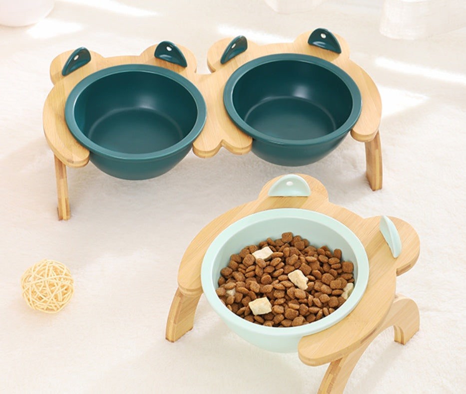 KFX-2965821 Cervical Spine Tilt Ceramic Cat Feeding Bowl with Bamboo Wood Stand - 14cm Diameter, 350ml Capacity