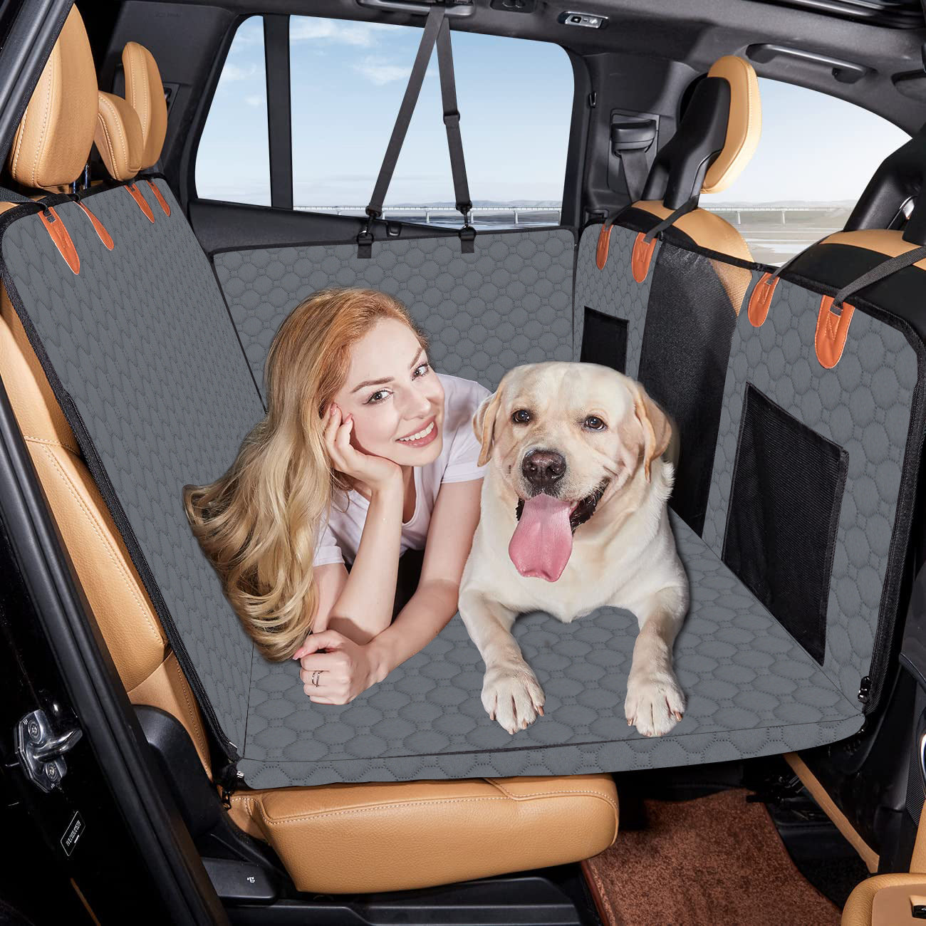 KFX-2967485 Lengthened Vehicle-Mounted Pet Mat Travel Dog Hammock - Honeycomb Pattern Black & Gray, 132x165 Cloth