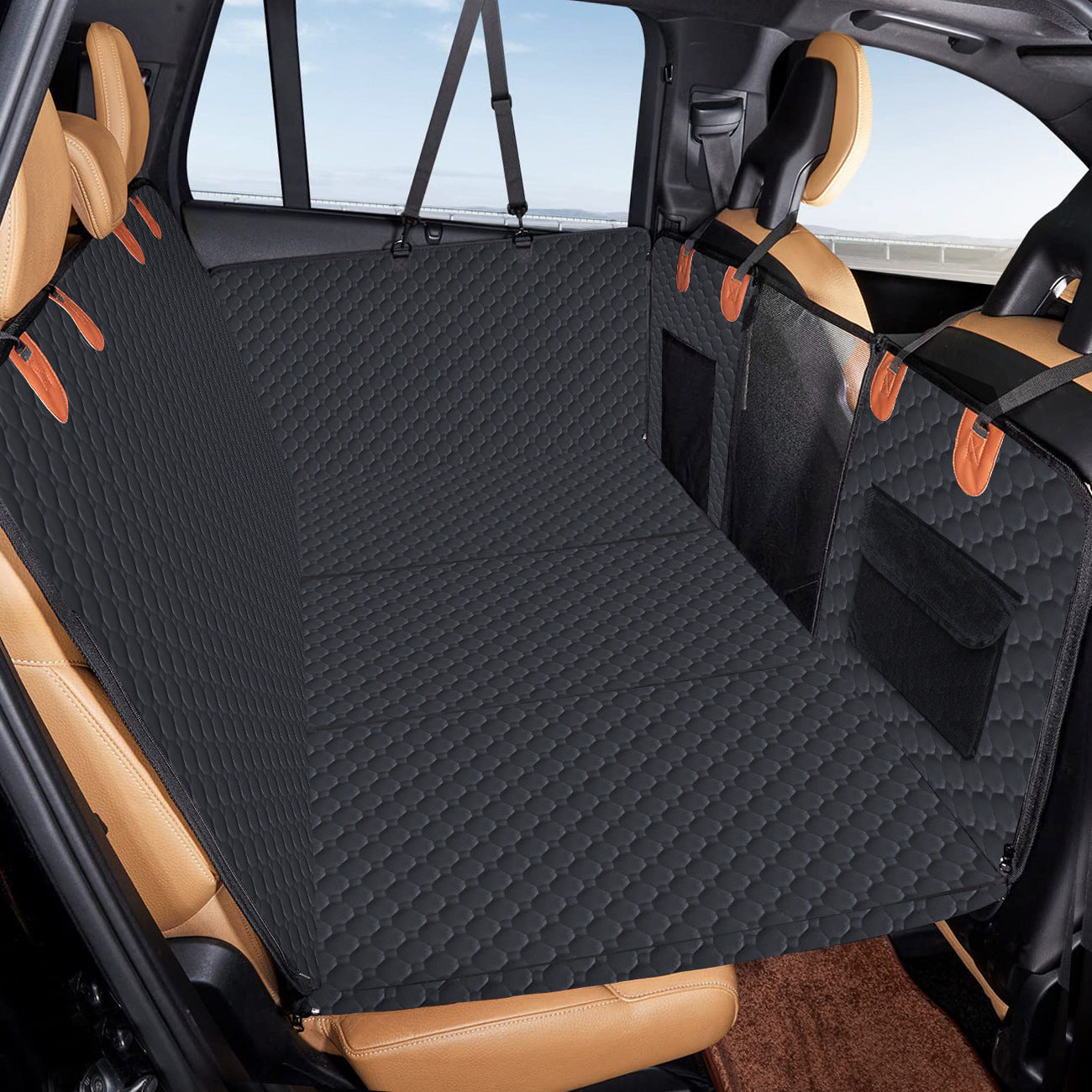 KFX-2967485 Lengthened Vehicle-Mounted Pet Mat Travel Dog Hammock - Honeycomb Pattern Black & Gray, 132x165 Cloth