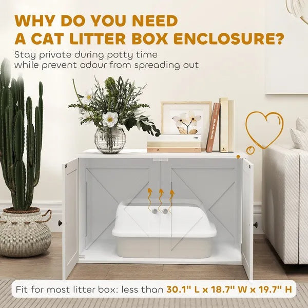 KFX-2969277 Stylish Cat Litter Box Enclosure with Barn Door and Side Access - Modern Furniture Solution