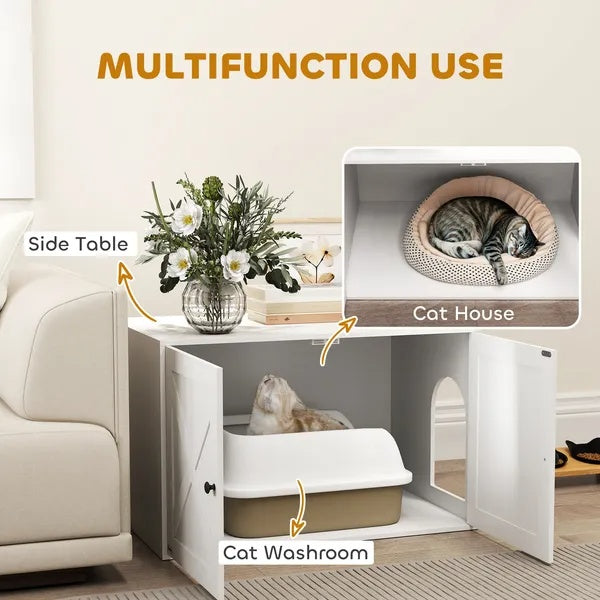 KFX-2969277 Stylish Cat Litter Box Enclosure with Barn Door and Side Access - Modern Furniture Solution