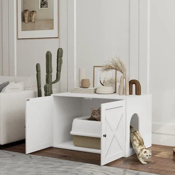 KFX-2969277 Stylish Cat Litter Box Enclosure with Barn Door and Side Access - Modern Furniture Solution