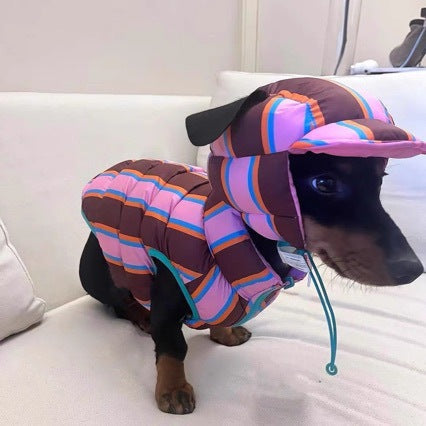 KFX-2969789 Pet Striped Vest with Hat for Autumn and Winter, Casual Polyester Clothing, Multiple Sizes Available