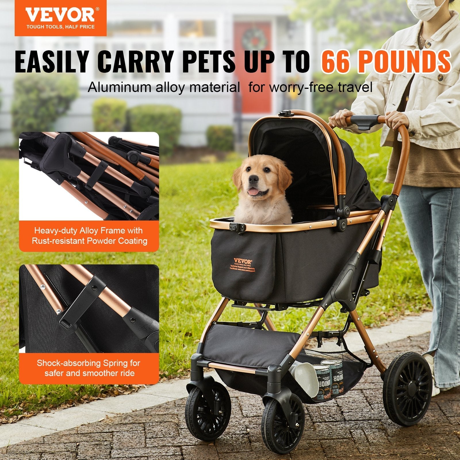 KFX-2970429 Pet Stroller with 66 lbs Capacity, 4-Wheel Design, Detachable Carrier, Storage Basket, and Pet Pad for Small to Medium Dogs
