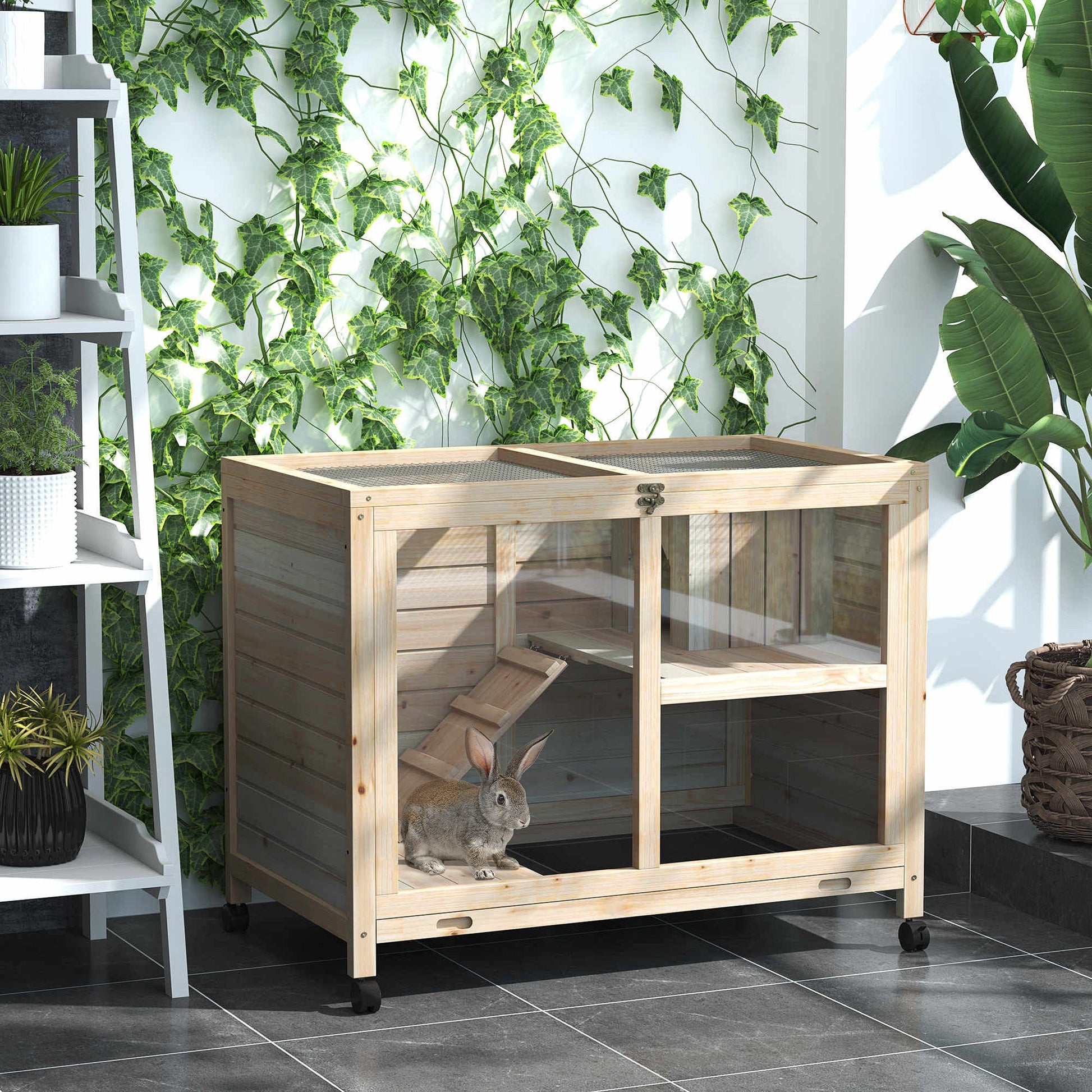KFX-2975037 Wooden Rabbit Hutch on Wheels, Waterproof Small Bunny Cage with Openable Roof, Removable Tray, Ideal for Indoor/Outdoor Use