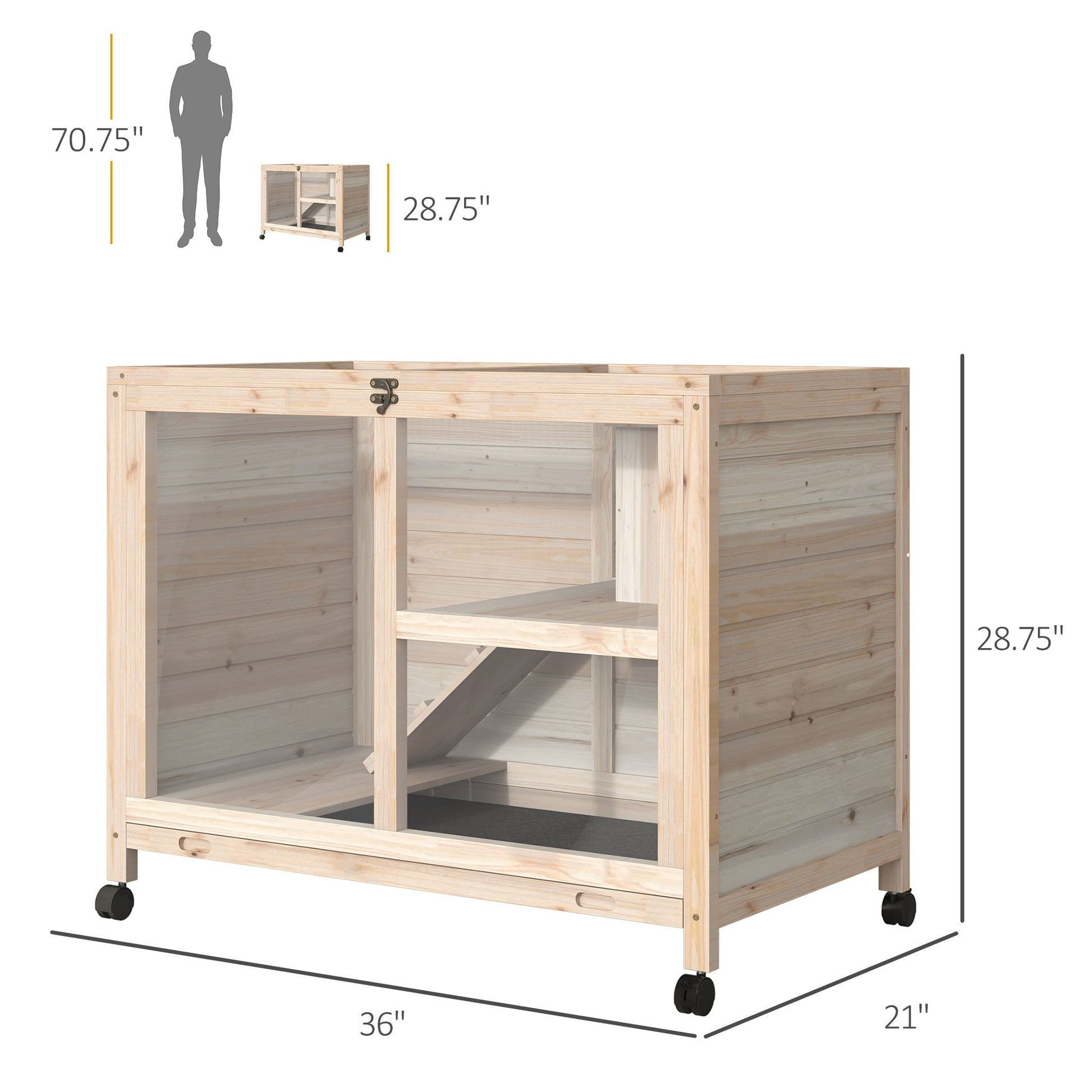 KFX-2975037 Wooden Rabbit Hutch on Wheels, Waterproof Small Bunny Cage with Openable Roof, Removable Tray, Ideal for Indoor/Outdoor Use