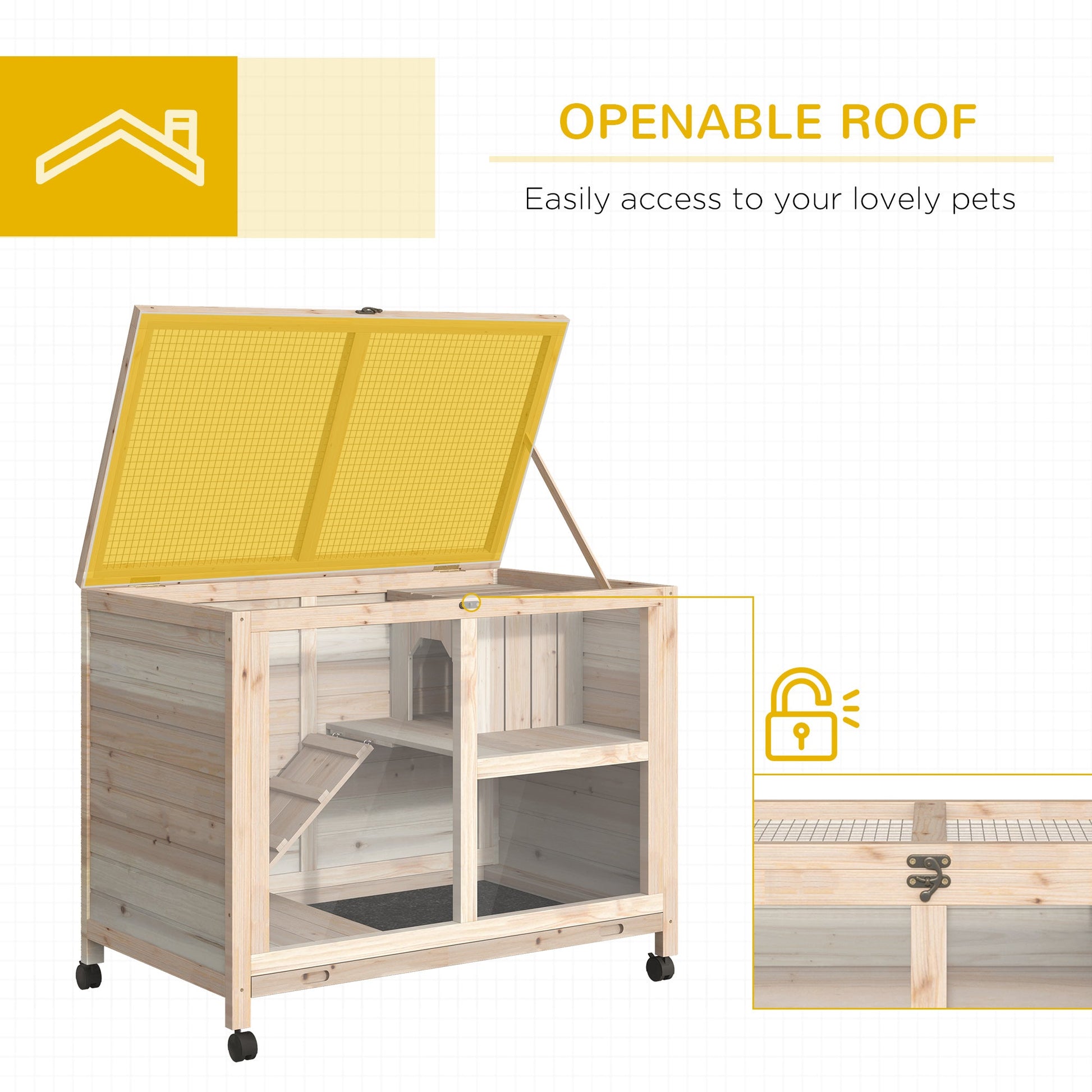 KFX-2975037 Wooden Rabbit Hutch on Wheels, Waterproof Small Bunny Cage with Openable Roof, Removable Tray, Ideal for Indoor/Outdoor Use