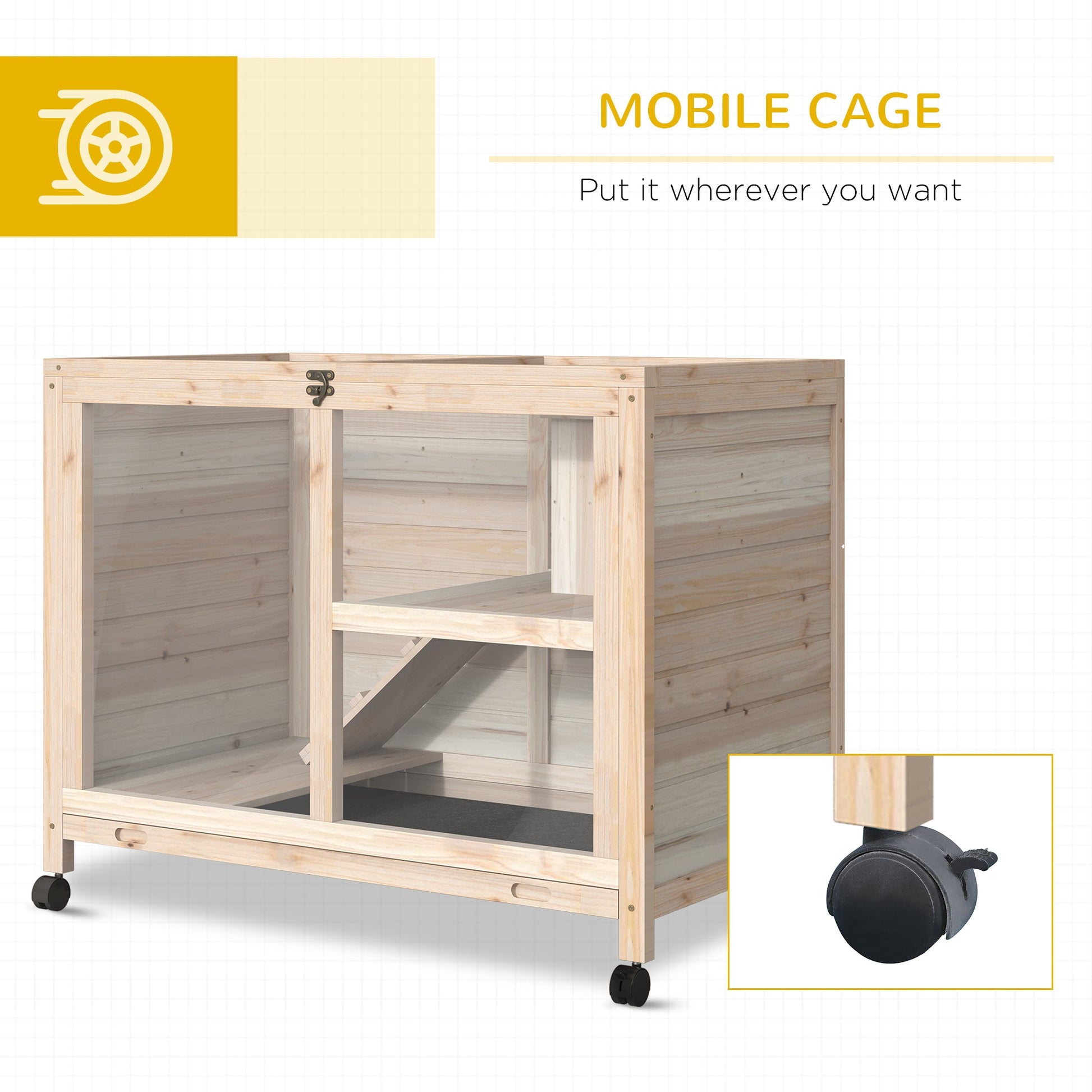 KFX-2975037 Wooden Rabbit Hutch on Wheels, Waterproof Small Bunny Cage with Openable Roof, Removable Tray, Ideal for Indoor/Outdoor Use