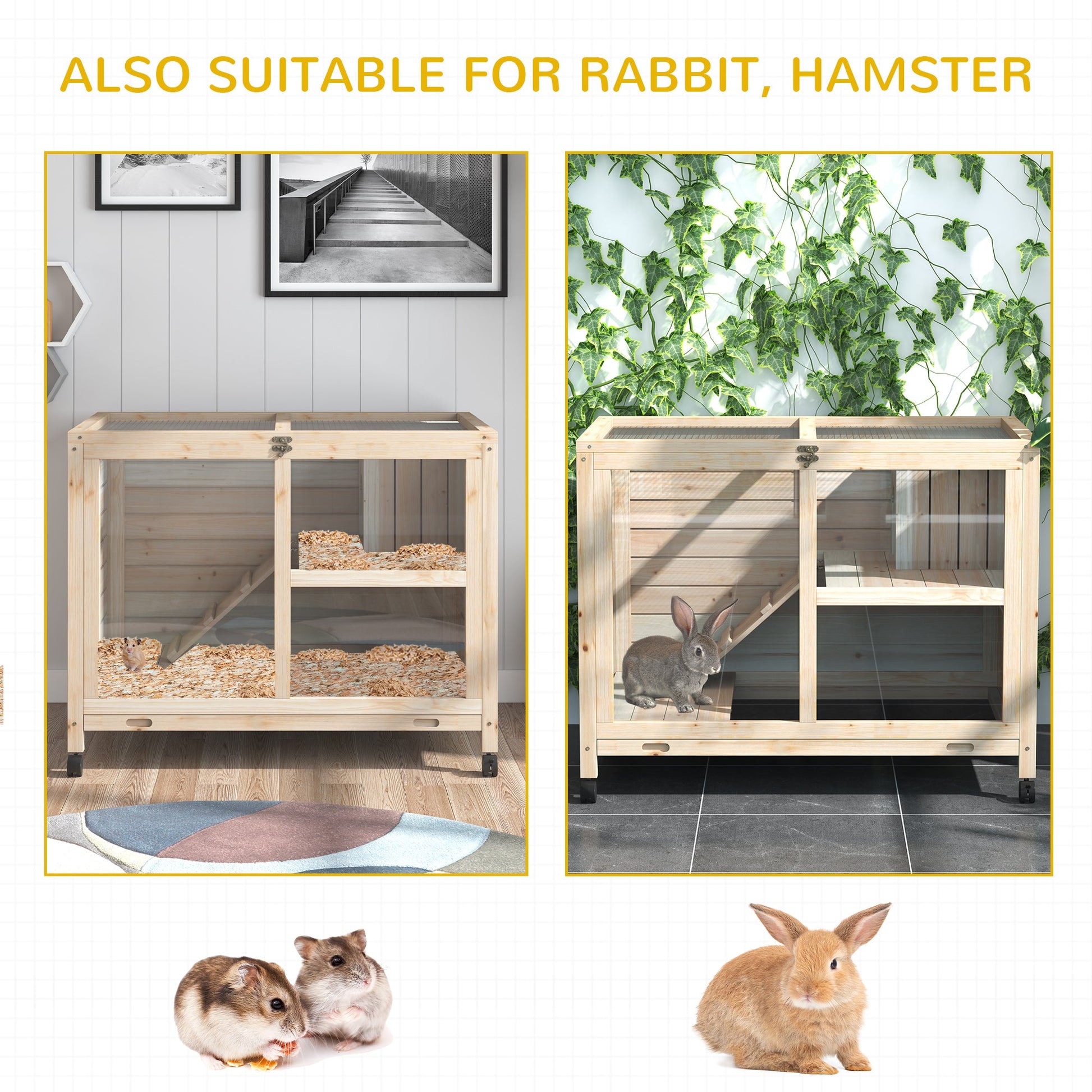 KFX-2975037 Wooden Rabbit Hutch on Wheels, Waterproof Small Bunny Cage with Openable Roof, Removable Tray, Ideal for Indoor/Outdoor Use