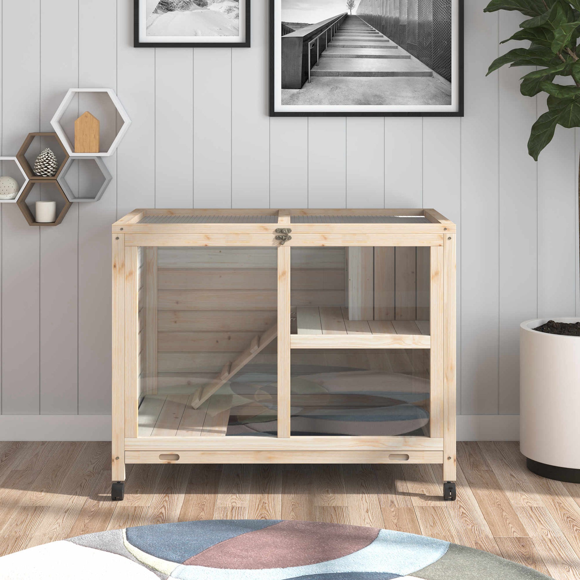 KFX-2975037 Wooden Rabbit Hutch on Wheels, Waterproof Small Bunny Cage with Openable Roof, Removable Tray, Ideal for Indoor/Outdoor Use