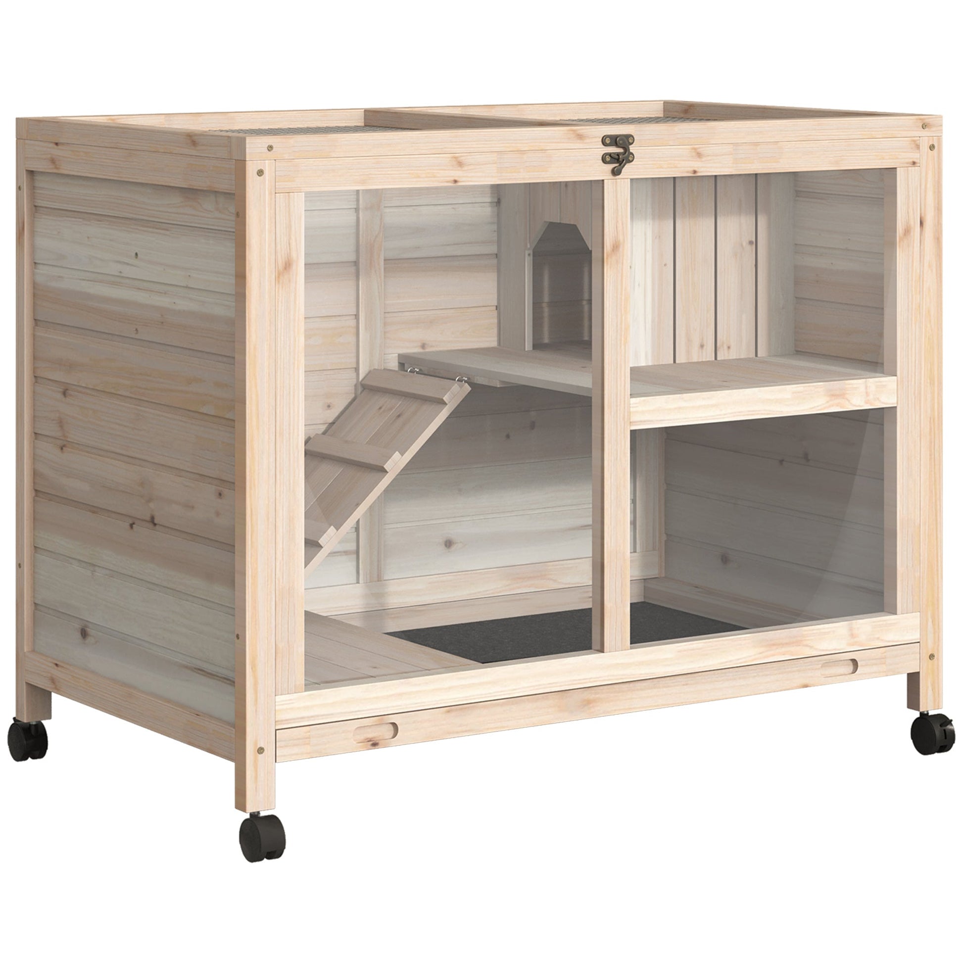 KFX-2975037 Wooden Rabbit Hutch on Wheels, Waterproof Small Bunny Cage with Openable Roof, Removable Tray, Ideal for Indoor/Outdoor Use