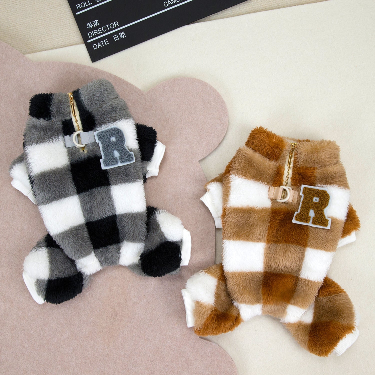 KFX-2975933 Double-Sided Velvet Dog Jacket for Autumn and Winter - Fluffy, Cozy Pet Clothing in Gray and Brown