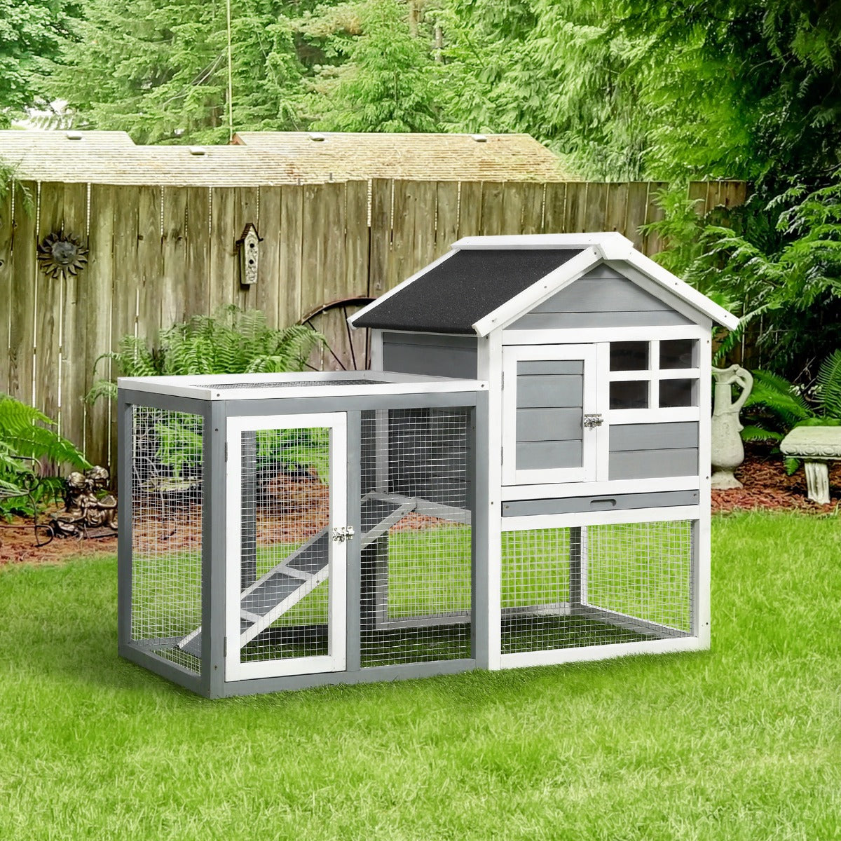 KFX-2980797 Indoor Wooden Rabbit Hutch with Outdoor Run, 48" Gray Weatherproof Design for Rabbits and Ferrets