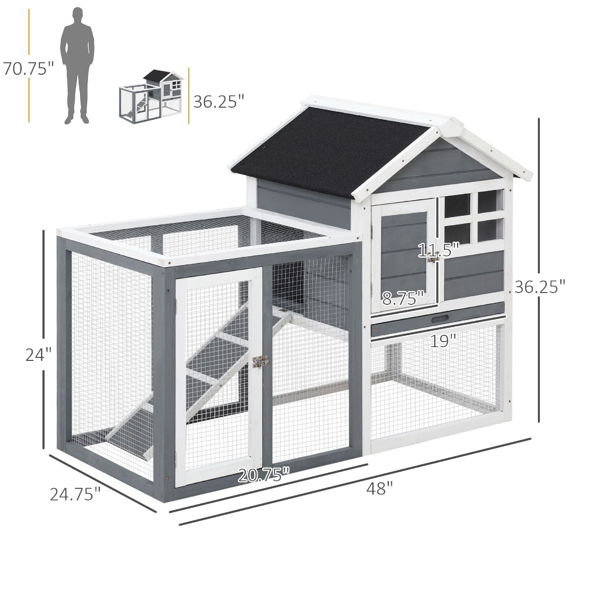 KFX-2980797 Indoor Wooden Rabbit Hutch with Outdoor Run, 48" Gray Weatherproof Design for Rabbits and Ferrets