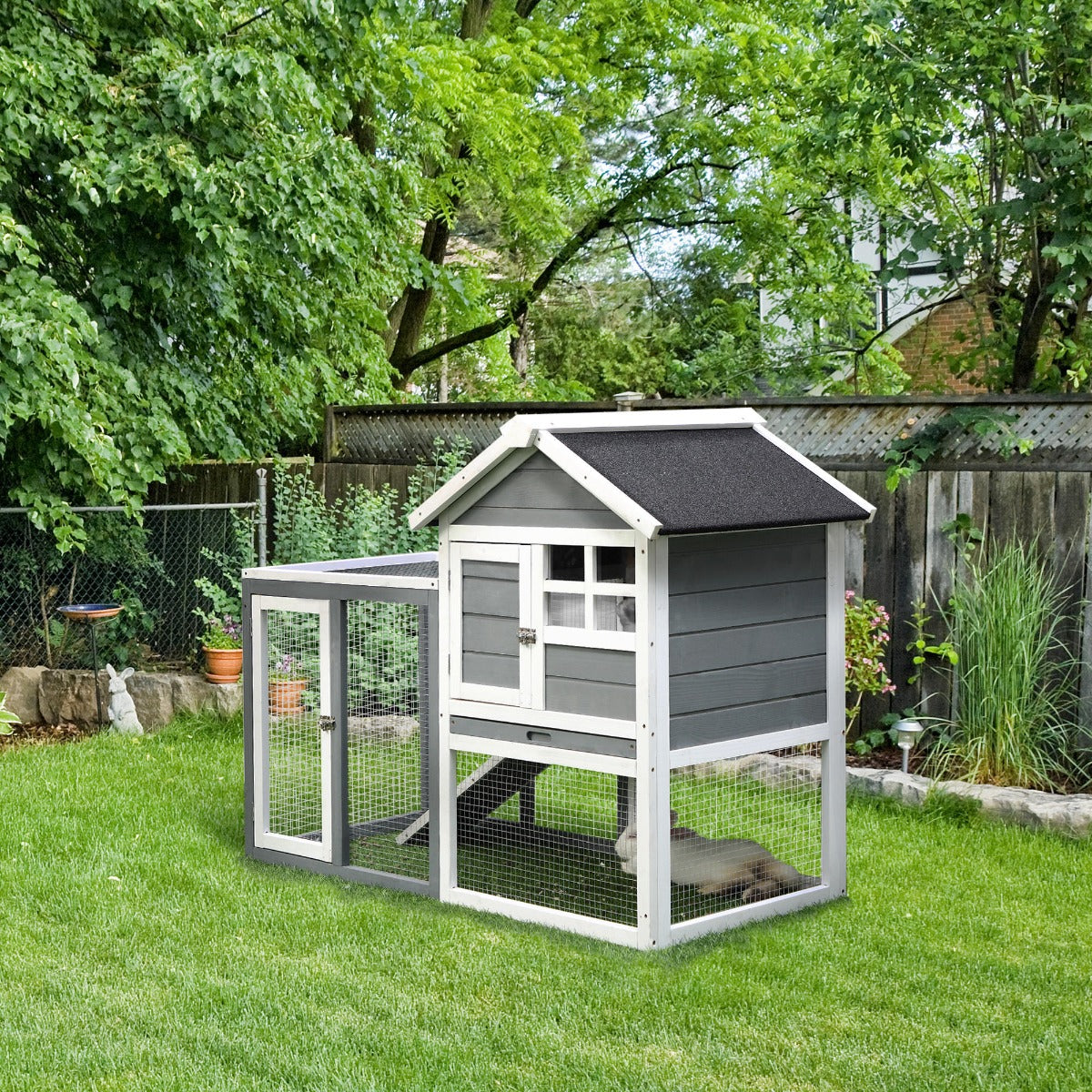 KFX-2980797 Indoor Wooden Rabbit Hutch with Outdoor Run, 48" Gray Weatherproof Design for Rabbits and Ferrets