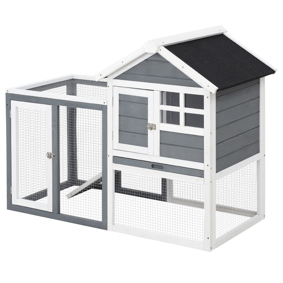 KFX-2980797 Indoor Wooden Rabbit Hutch with Outdoor Run, 48" Gray Weatherproof Design for Rabbits and Ferrets